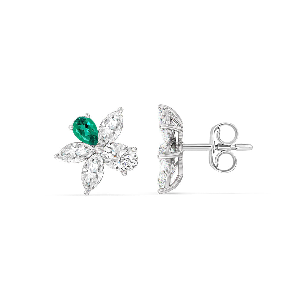 Emerald Petal Plumeria Studs with 14KT White Gold Cut Diamond in 14KT White Gold view 2
