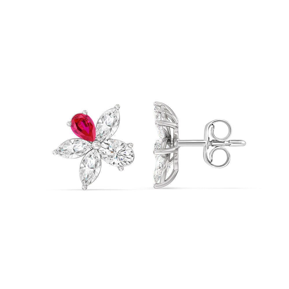 Ruby Petal Plumeria Studs with 14KT White Gold Cut Diamond in 14KT White Gold view 2
