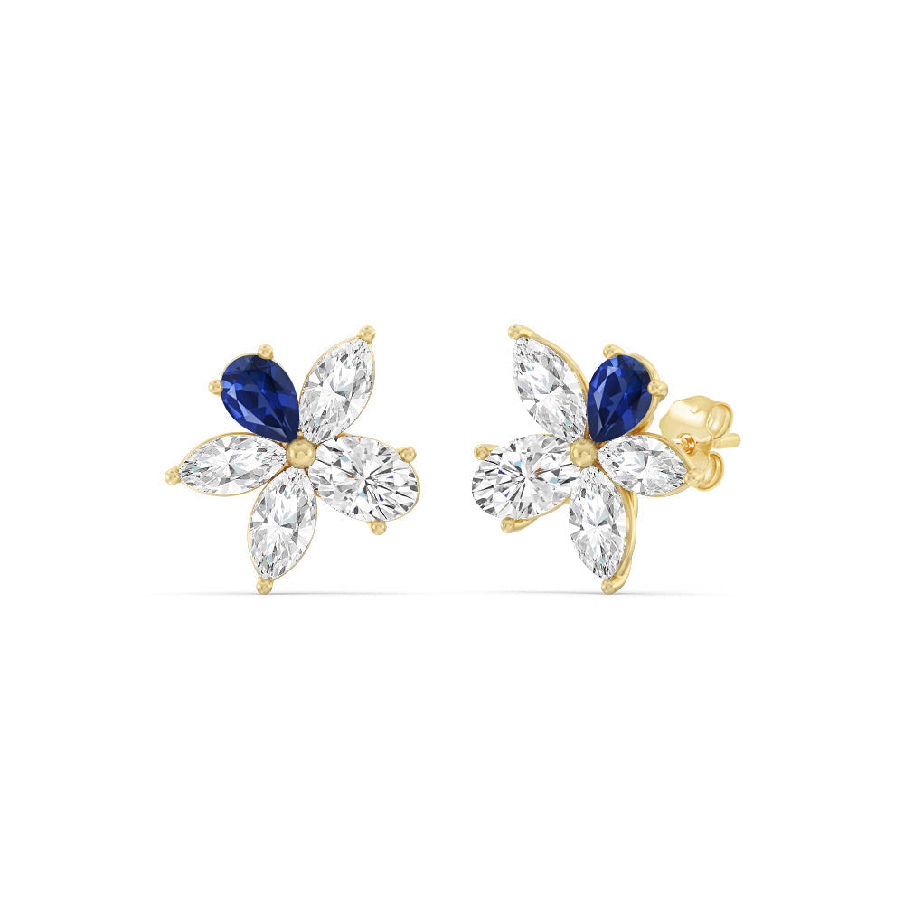 Sapphire Petal Plumeria Studs with 14KT Yellow Gold Cut Diamond in 14KT Yellow Gold view 1
