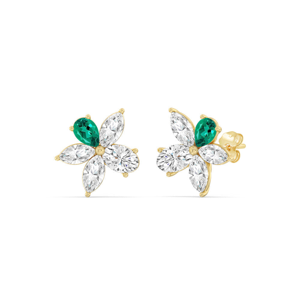 Emerald Petal Plumeria Studs with 14KT Yellow Gold Cut Diamond in 14KT Yellow Gold view 1
