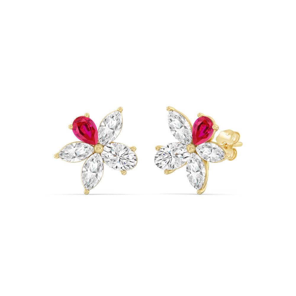 Ruby Petal Plumeria Studs with 14KT Yellow Gold Cut Diamond in 14KT Yellow Gold view 1
