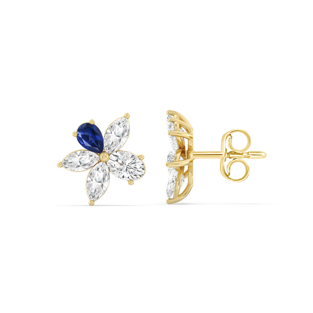 Sapphire Petal Plumeria Studs with 14KT Yellow Gold Cut Diamond in 14KT Yellow Gold view 2
