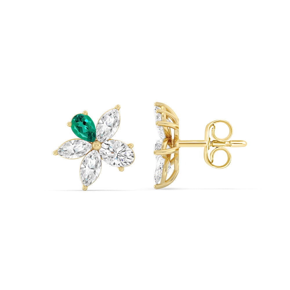 Emerald Petal Plumeria Studs with 14KT Yellow Gold Cut Diamond in 14KT Yellow Gold view 2
