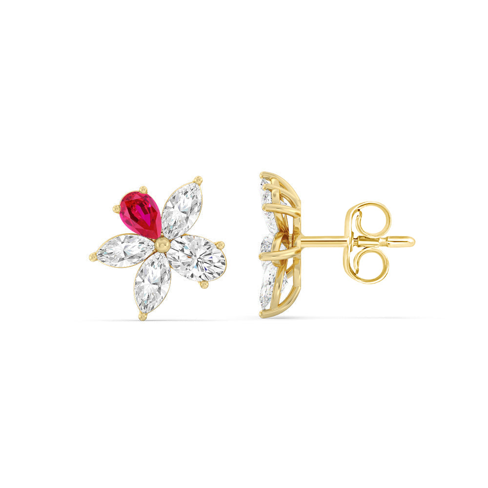 Ruby Petal Plumeria Studs with 14KT Yellow Gold Cut Diamond in 14KT Yellow Gold view 2
