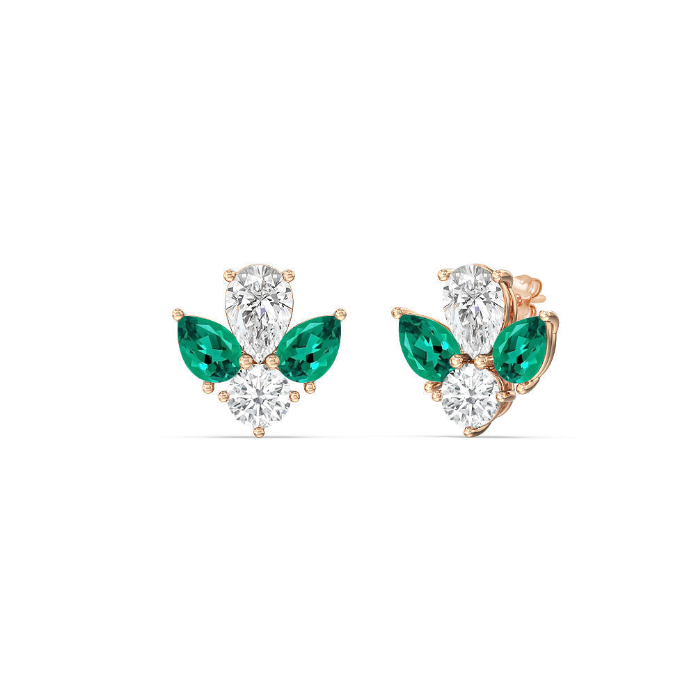 Classic Pear Created Emerald and Round Diamonds Cluster Earrings with 14KT Rose Gold Cut Diamond in 14KT Rose Gold view 1

