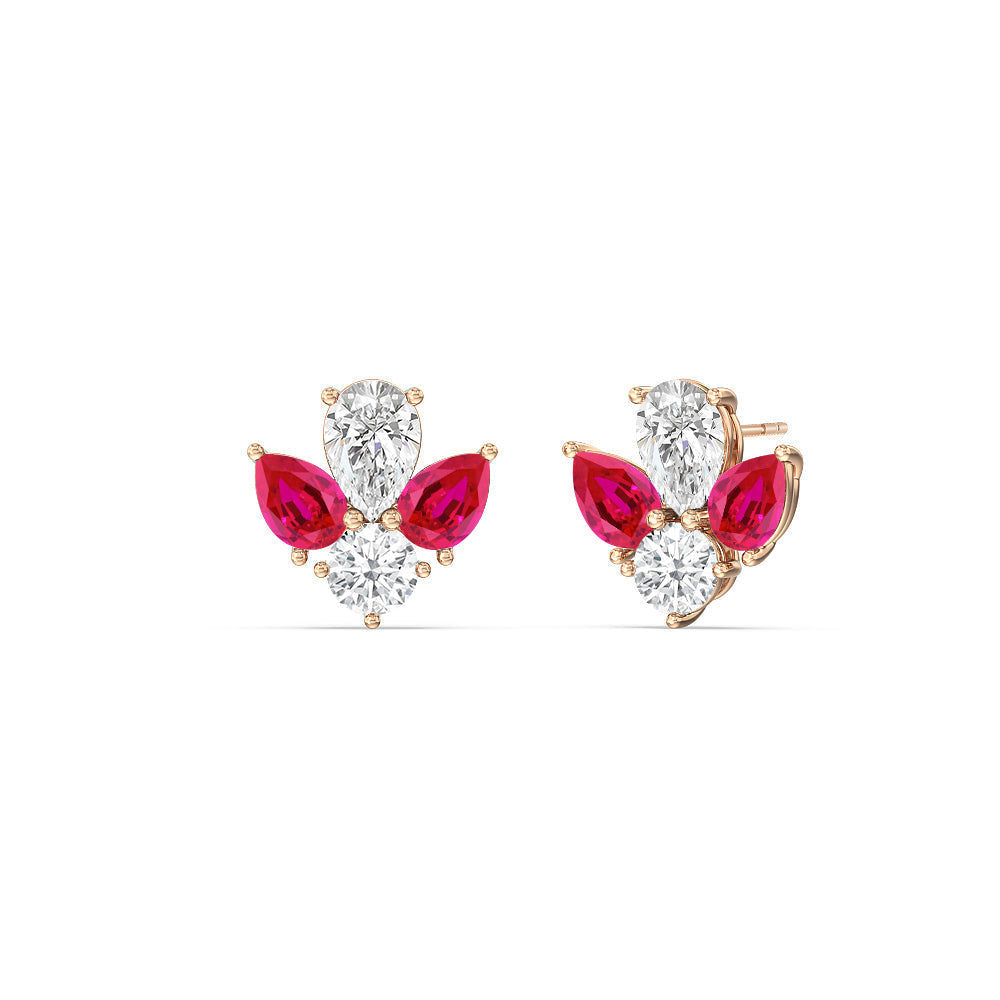 Classic Pear Created Ruby and Round Diamonds Cluster Earrings with 14KT Rose Gold Cut Diamond in 14KT Rose Gold view 1
