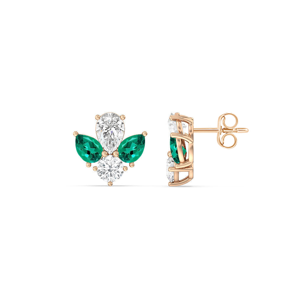 Classic Pear Created Emerald and Round Diamonds Cluster Earrings with 14KT Rose Gold Cut Diamond in 14KT Rose Gold view 2

