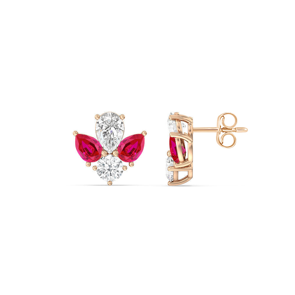Classic Pear Created Ruby and Round Diamonds Cluster Earrings with 14KT Rose Gold Cut Diamond in 14KT Rose Gold view 2
