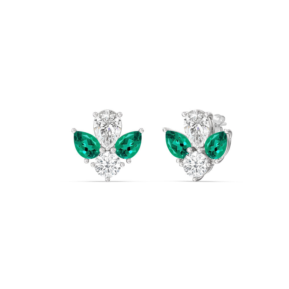 Classic Pear Created Emerald and Round Diamonds Cluster Earrings with 14KT White Gold Cut Diamond in 14KT White Gold view 1
