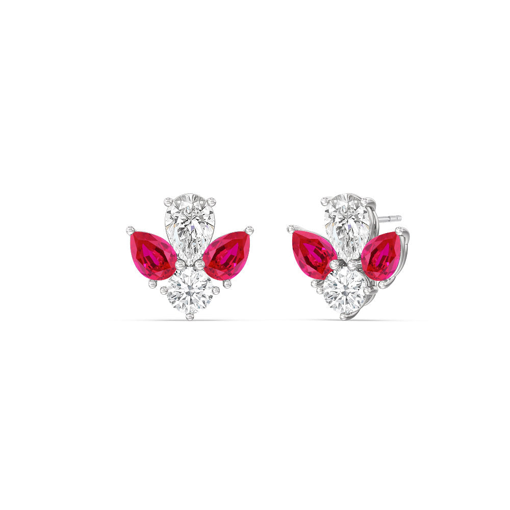 Classic Pear Created Ruby and Round Diamonds Cluster Earrings with 14KT White Gold Cut Diamond in 14KT White Gold view 1
