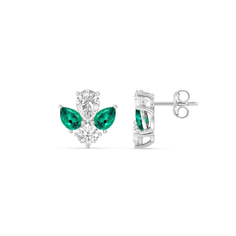 Classic Pear Created Emerald and Round Diamonds Cluster Earrings with 14KT White Gold Cut Diamond in 14KT White Gold view 2
