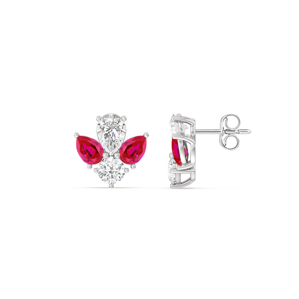 Classic Pear Created Ruby and Round Diamonds Cluster Earrings with 14KT White Gold Cut Diamond in 14KT White Gold view 2
