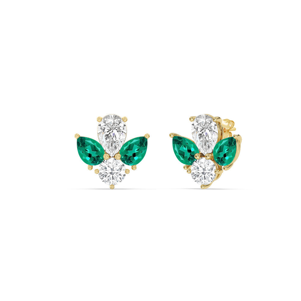 Classic Pear Created Emerald and Round Diamonds Cluster Earrings with 14KT Yellow Gold Cut Diamond in 14KT Yellow Gold view 1
