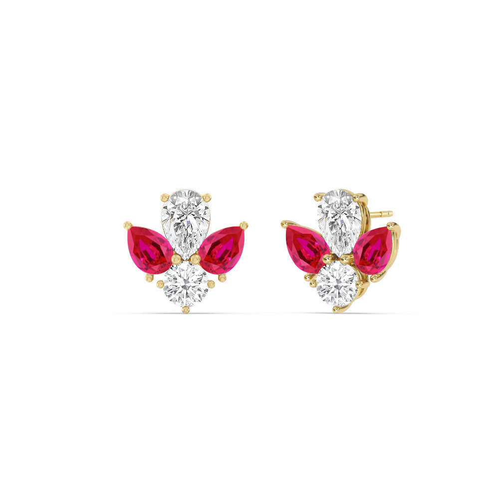 Classic Pear Created Ruby and Round Diamonds Cluster Earrings with 14KT Yellow Gold Cut Diamond in 14KT Yellow Gold view 1
