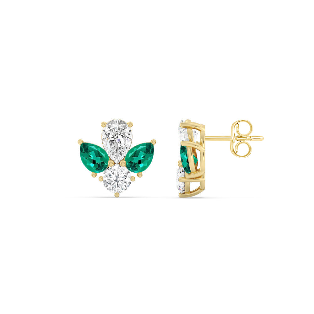 Classic Pear Created Emerald and Round Diamonds Cluster Earrings with 14KT Yellow Gold Cut Diamond in 14KT Yellow Gold view 2
