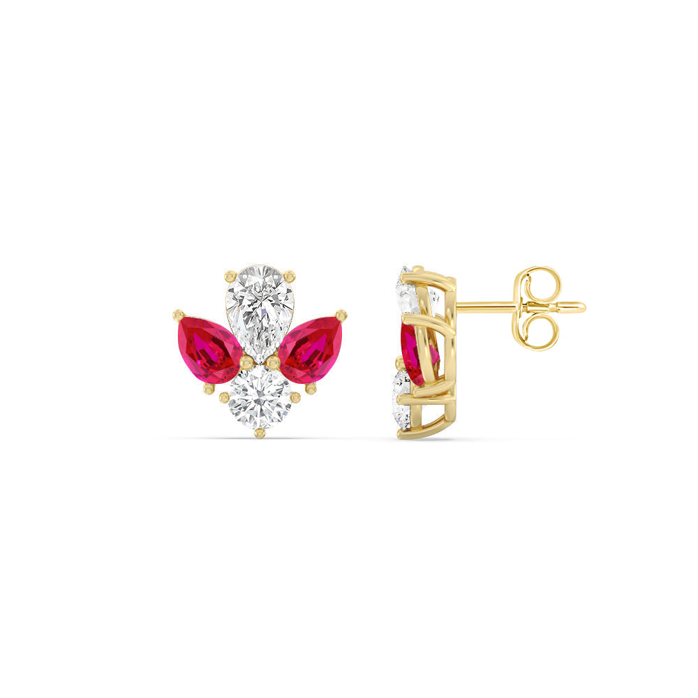 Classic Pear Created Ruby and Round Diamonds Cluster Earrings with 14KT Yellow Gold Cut Diamond in 14KT Yellow Gold view 2
