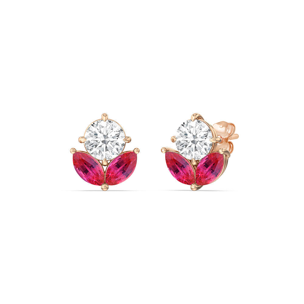 Ruby Tulip Studs with 14KT Rose Gold Cut Diamond in 14KT Rose Gold view 1
