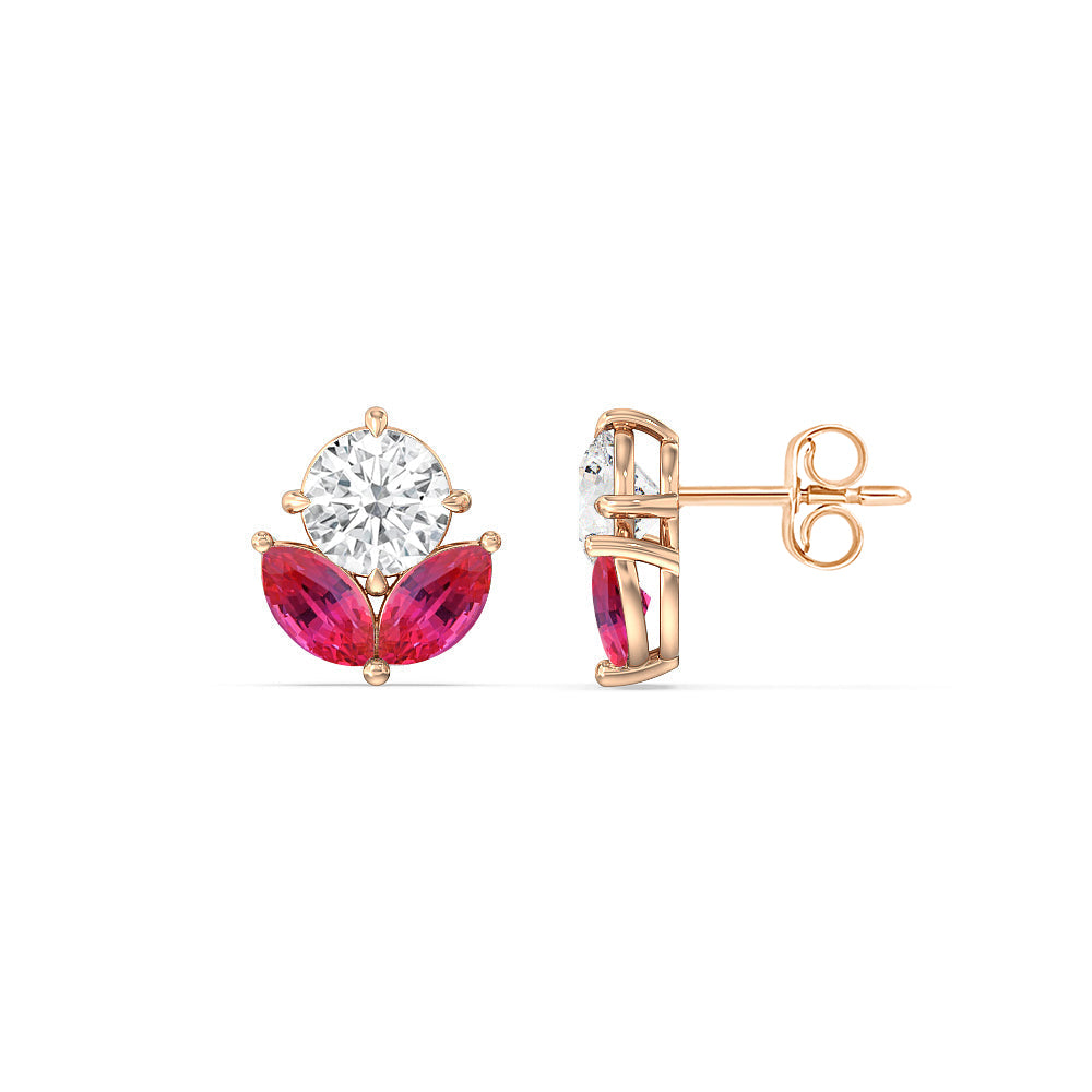Ruby Tulip Studs with 14KT Rose Gold Cut Diamond in 14KT Rose Gold view 2
