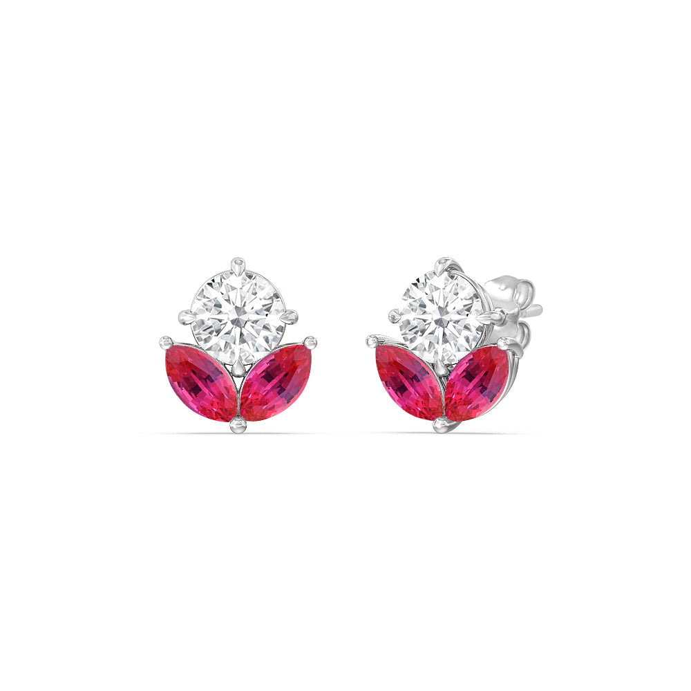 Ruby Tulip Studs with 14KT White Gold Cut Diamond in 14KT White Gold view 1
