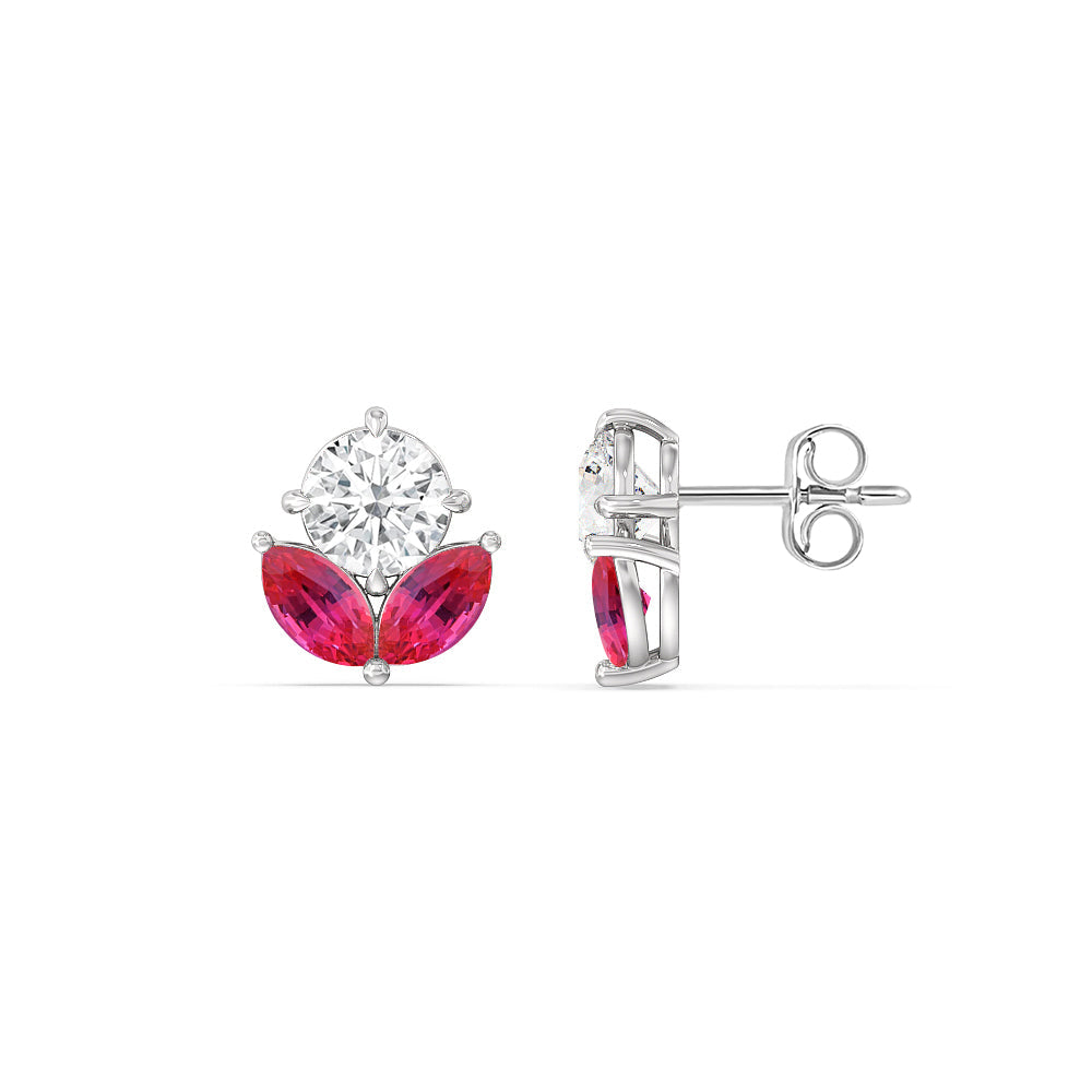 Ruby Tulip Studs with 14KT White Gold Cut Diamond in 14KT White Gold view 2
