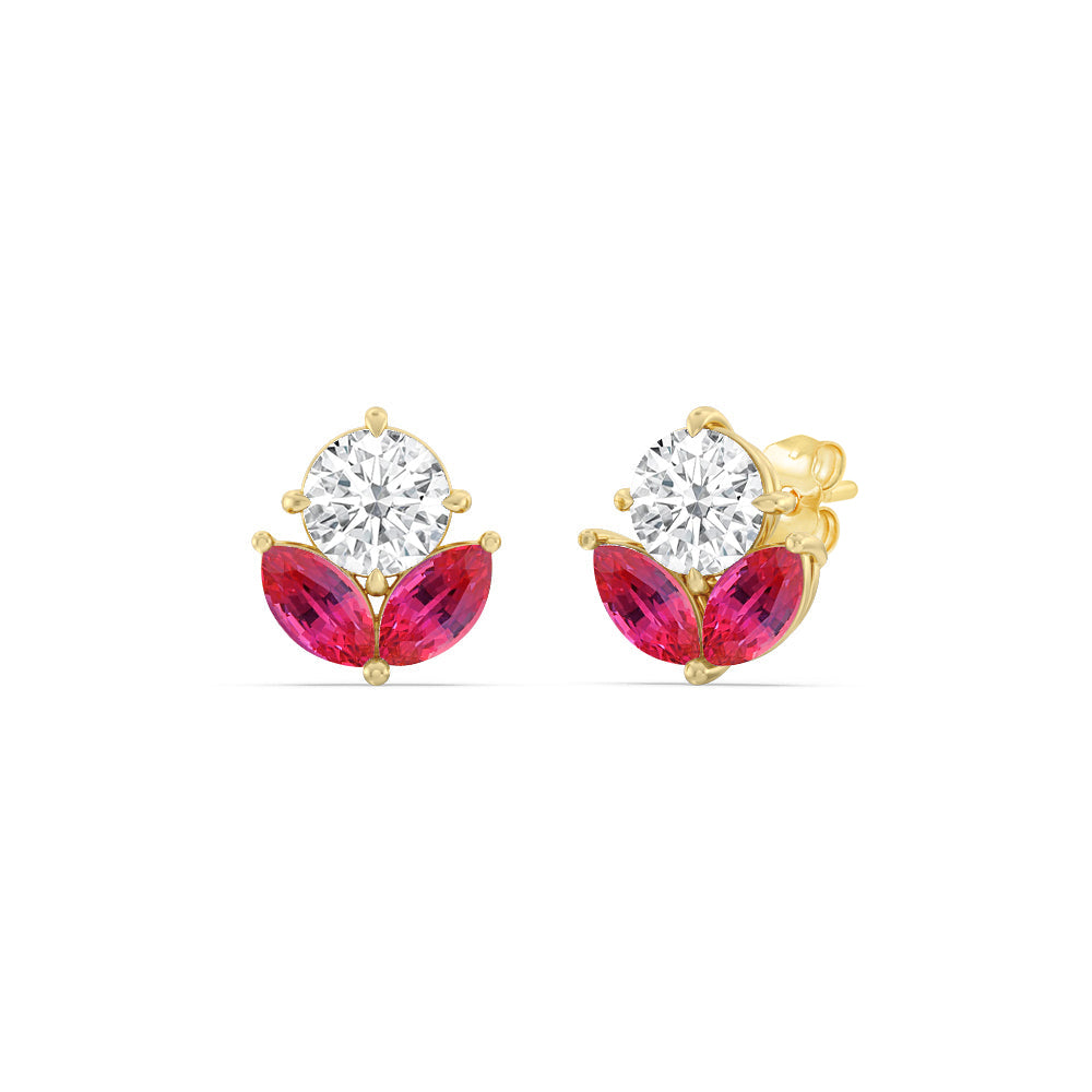 Ruby Tulip Studs with 14KT Yellow Gold Cut Diamond in 14KT Yellow Gold view 1
