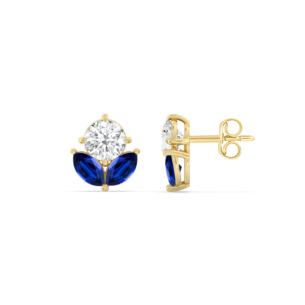 Sapphire Tulip Studs with 14KT Yellow Gold Cut Diamond in 14KT Yellow Gold view 2

