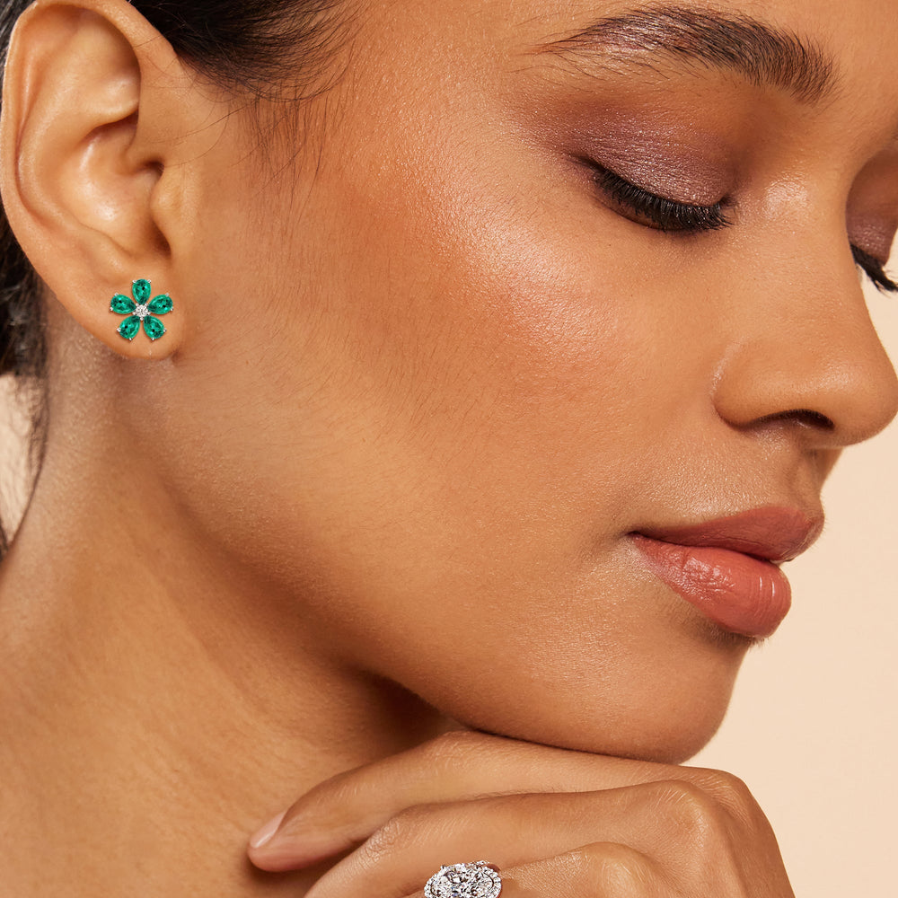 Model Wearing Emerald and Diamond Daisy Studs view
