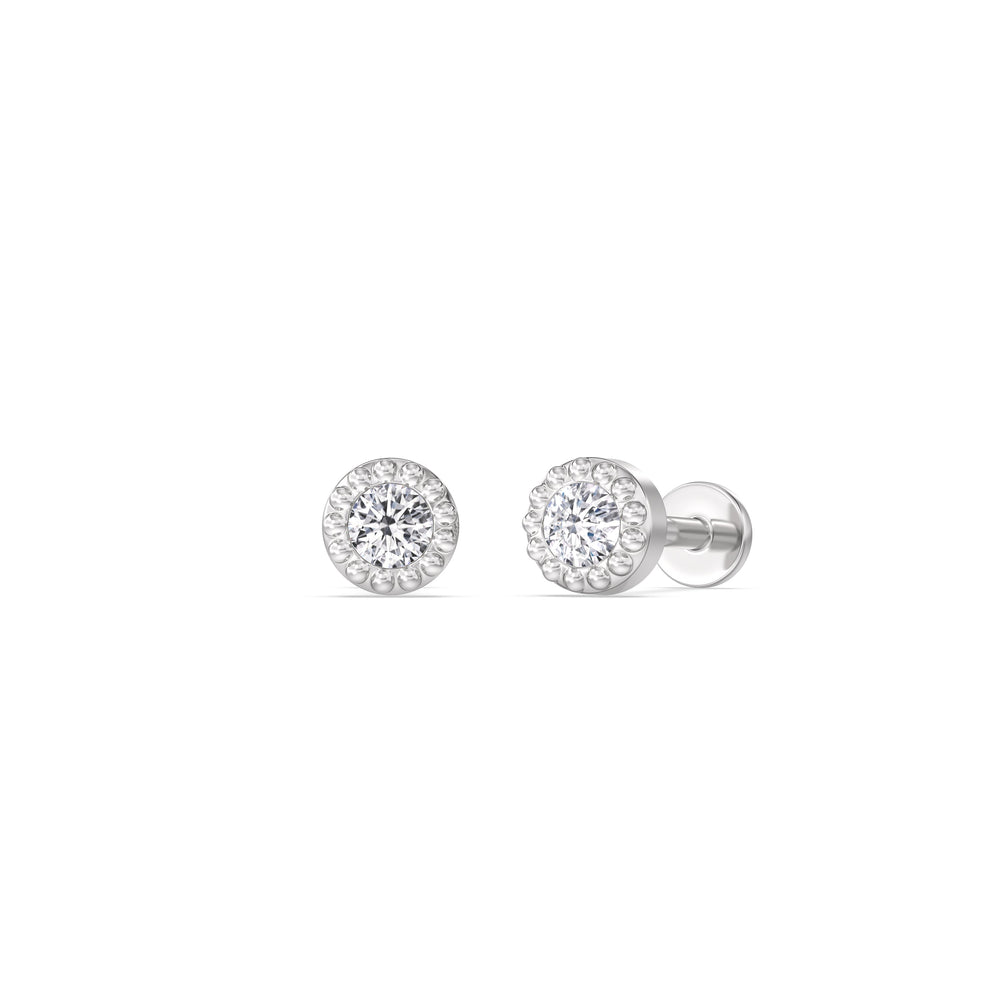 Round Beaded Flatback Studs with 14KT White Gold / Pair Cut Diamond in 14KT White Gold / Pair view 1
