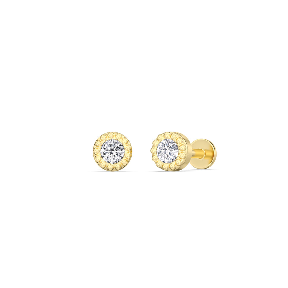 Round Beaded Flatback Studs with 14KT Yellow Gold / Single Cut Diamond in 14KT Yellow Gold / Single view 1

