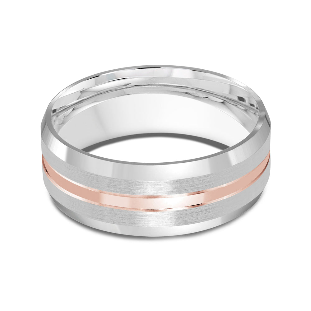 Two Tone Beveled Edge Men's Band with 18KT White & Rose Gold / 8 Cut Diamond in 14KT White & Rose Gold / 8 view 1
