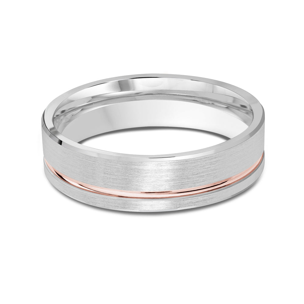 Two Tone Grooved Side Men's Band with 18KT White & Rose Gold / 6 Cut Diamond in 14KT White & Rose Gold / 6 view 1
