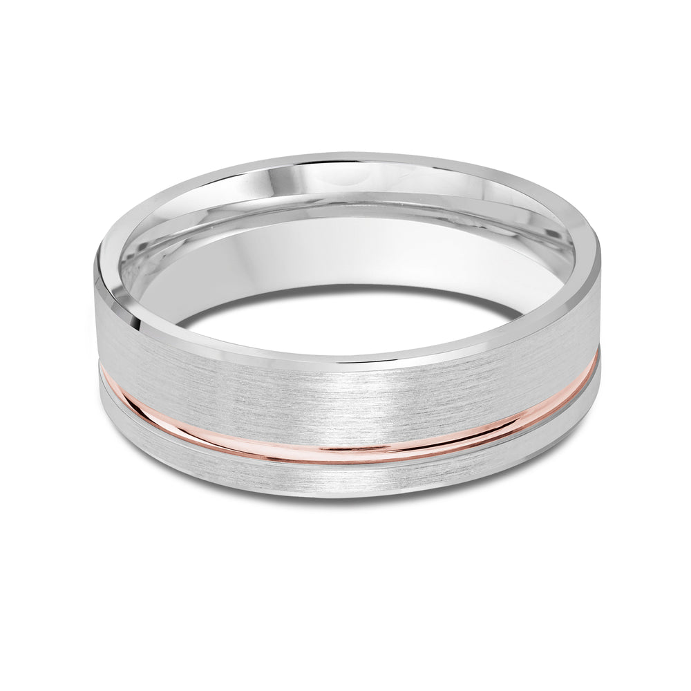Two Tone Grooved Side Men's Band with 18KT White & Rose Gold / 7 Cut Diamond in 14KT White & Rose Gold / 7 view 1
