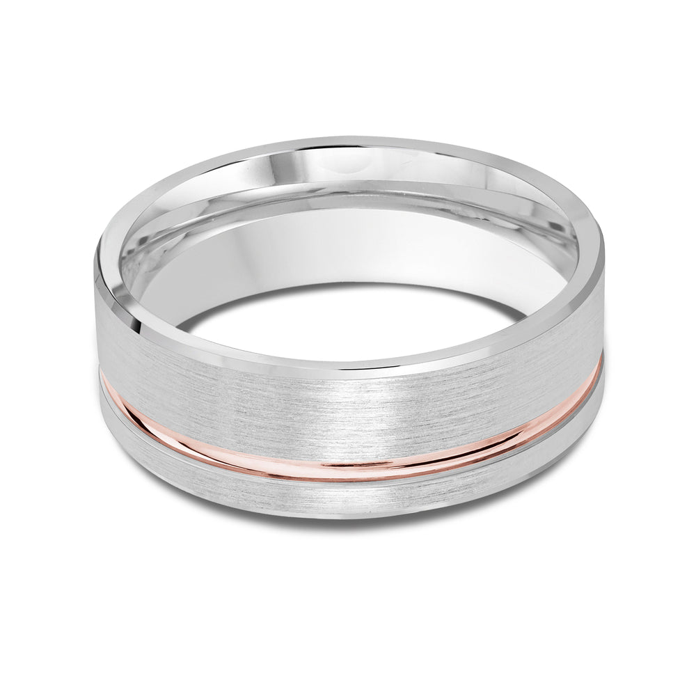 Two Tone Grooved Side Men's Band with 18KT White & Rose Gold / 8 Cut Diamond in 14KT White & Rose Gold / 8 view 1
