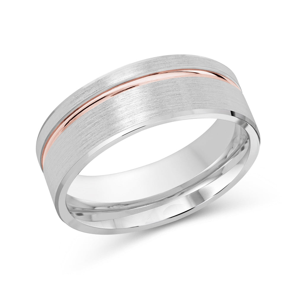 Two Tone Grooved Side Men's Band with 18KT White & Rose Gold / 8 Cut Diamond in 14KT White & Rose Gold / 8 view 2
