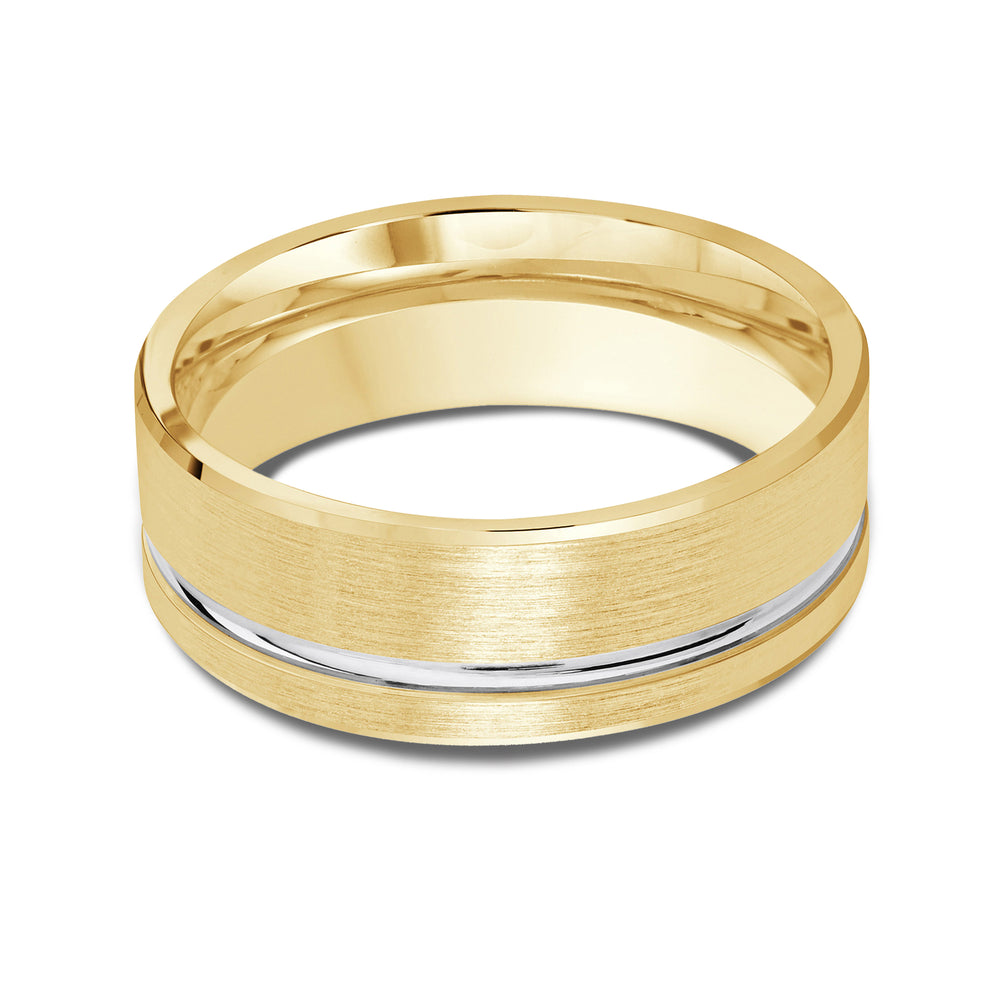 Two Tone Grooved Side Men's Band with 18KT Yellow & White Gold / 8 Cut Diamond in 14KT Yellow & White Gold / 8 view 1
