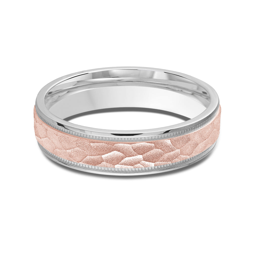 Two Tone Hammered Men's Band with 18KT White & Rose Gold / 5 Cut Diamond in 14KT White & Rose Gold / 5 view 1
