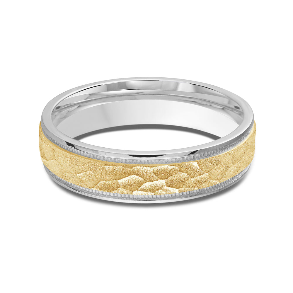 Two Tone Hammered Men's Band with 18KT White & Yellow Gold / 5 Cut Diamond in 14KT White & Yellow Gold / 5 view 1
