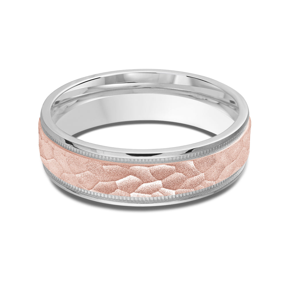 Two Tone Hammered Men's Band with 18KT White & Rose Gold / 6 Cut Diamond in 14KT White & Rose Gold / 6 view 1
