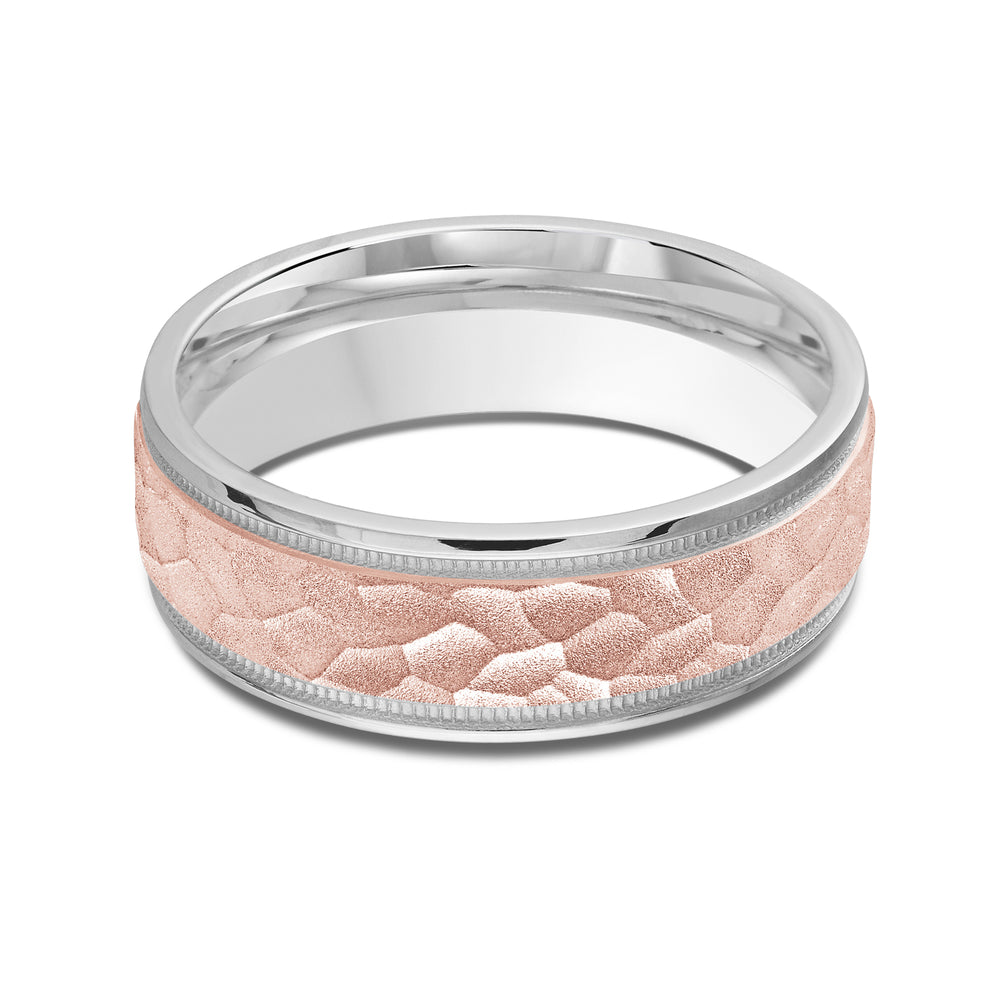 Two Tone Hammered Men's Band with 18KT White & Rose Gold / 7 Cut Diamond in 14KT White & Rose Gold / 7 view 1
