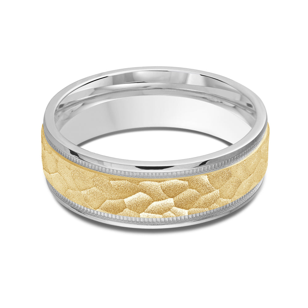Two Tone Hammered Men's Band with 18KT White & Yellow Gold / 7 Cut Diamond in 14KT White & Yellow Gold / 7 view 1
