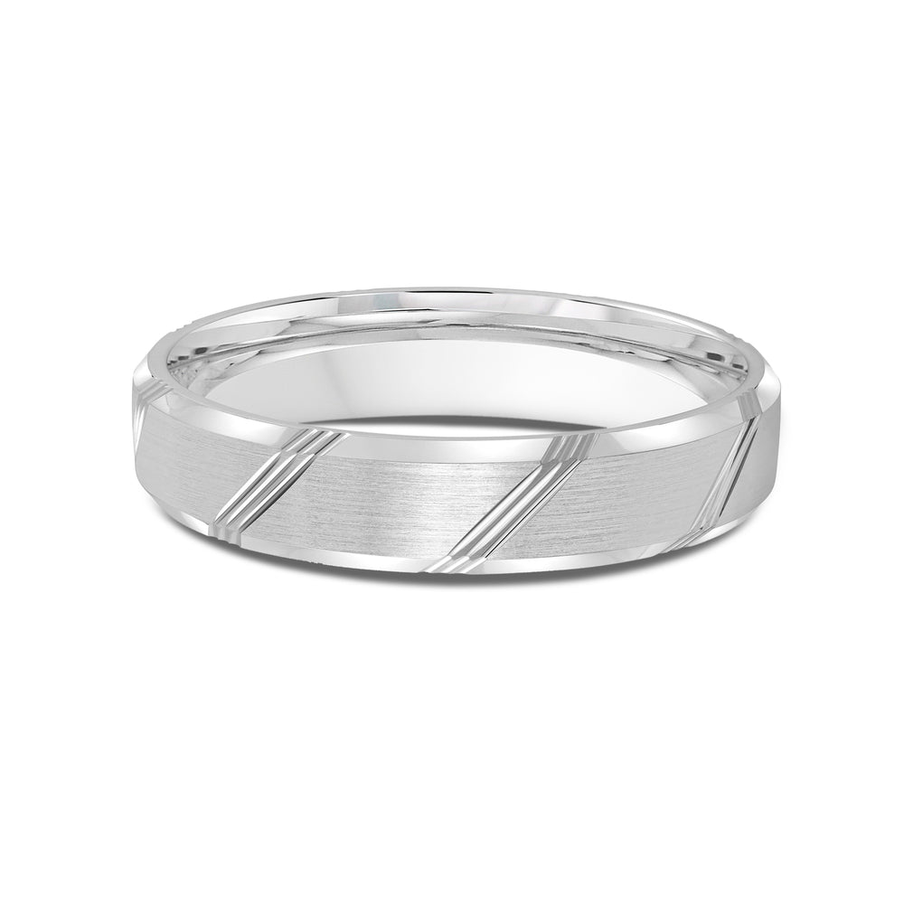 Striped Beveled Edge Men's Band with Platinum / 4 Cut Diamond in 14KT Platinum / 4 view 1
