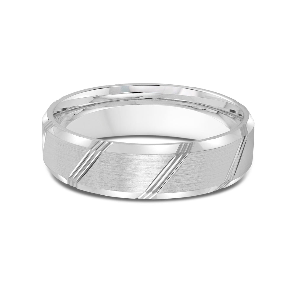 Striped Beveled Edge Men's Band with Platinum / 6 Cut Diamond in 14KT Platinum / 6 view 1
