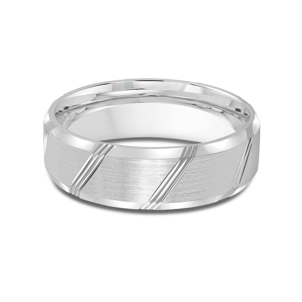Striped Beveled Edge Men's Band with Platinum / 7 Cut Diamond in 14KT Platinum / 7 view 1
