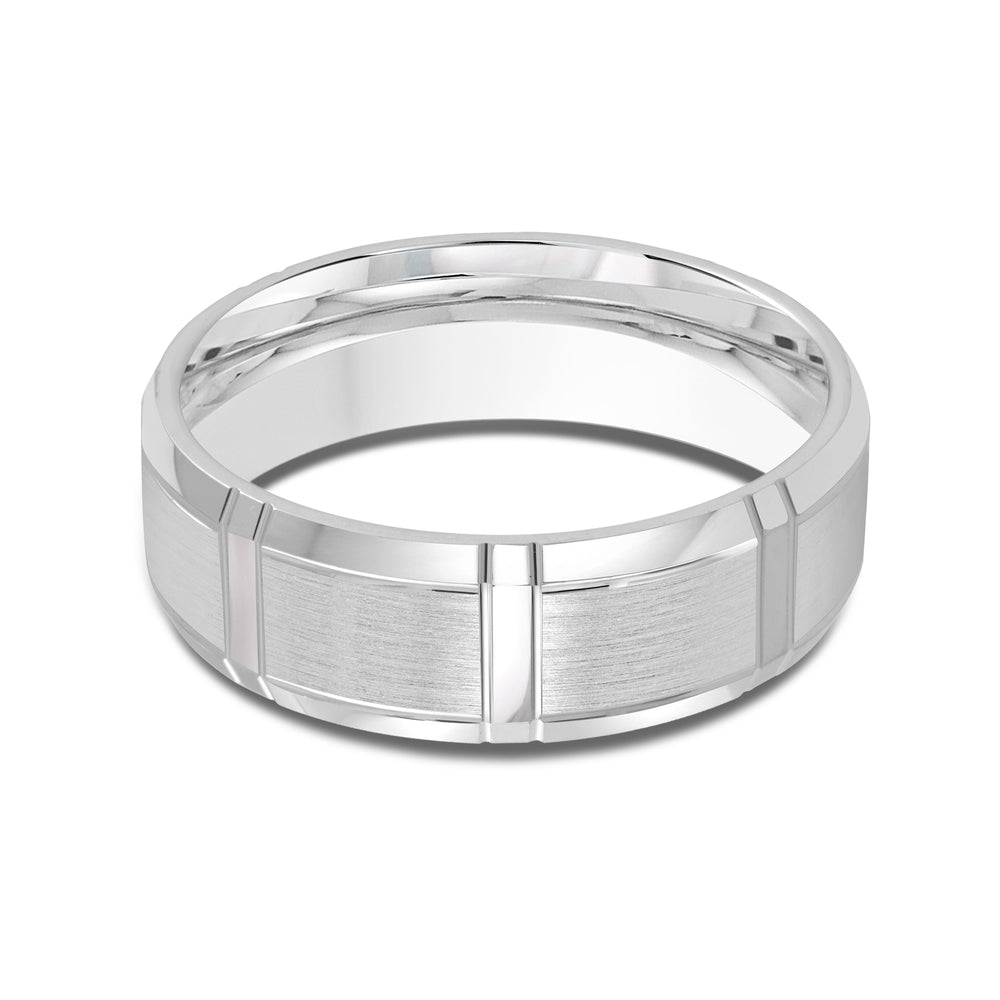 Vertical Stripe Beveled Edge Men's Band with Platinum / 7 Cut Diamond in 14KT Platinum / 7 view 1
