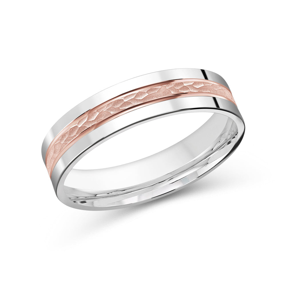 Two Tone Hammered Horizon Men's Band with 18KT White & Rose Gold / 5 Cut Diamond in 14KT White & Rose Gold / 5 view 2
