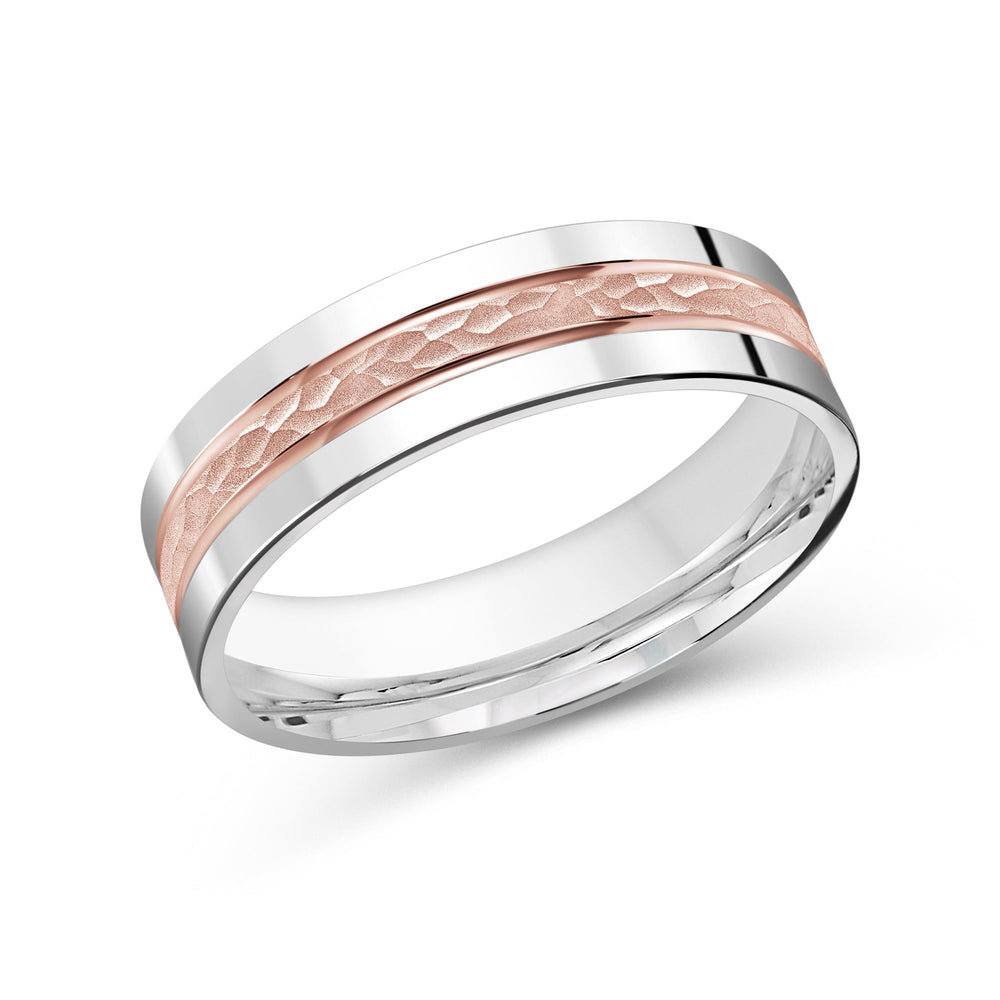 Two Tone Hammered Horizon Men's Band with 18KT White & Rose Gold / 6 Cut Diamond in 14KT White & Rose Gold / 6 view 2

