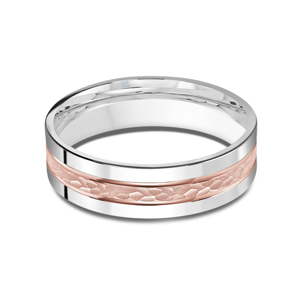Two Tone Hammered Horizon Men's Band with 18KT White & Rose Gold / 6 Cut Diamond in 14KT White & Rose Gold / 6 view 1
