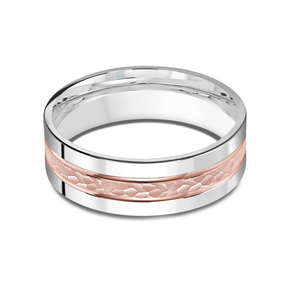 Two Tone Hammered Horizon Men's Band with 18KT White & Rose Gold / 7 Cut Diamond in 14KT White & Rose Gold / 7 view 1
