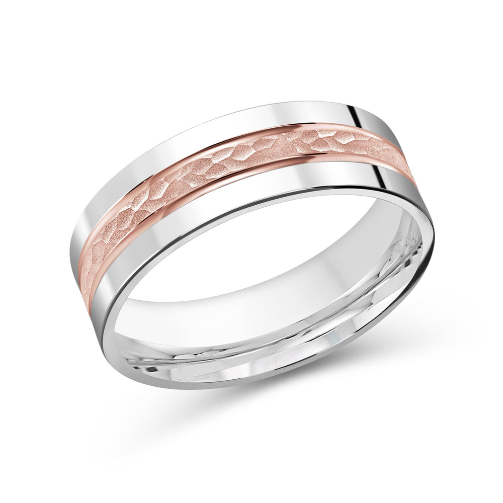 Two Tone Hammered Horizon Men's Band with 18KT White & Rose Gold / 7 Cut Diamond in 14KT White & Rose Gold / 7 view 2
