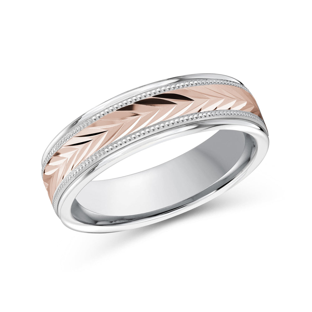 Two Tone Chevron Milgrain Men's Band with 18KT White & Rose Gold / 6 Cut Diamond in 14KT White & Rose Gold / 6 view 2
